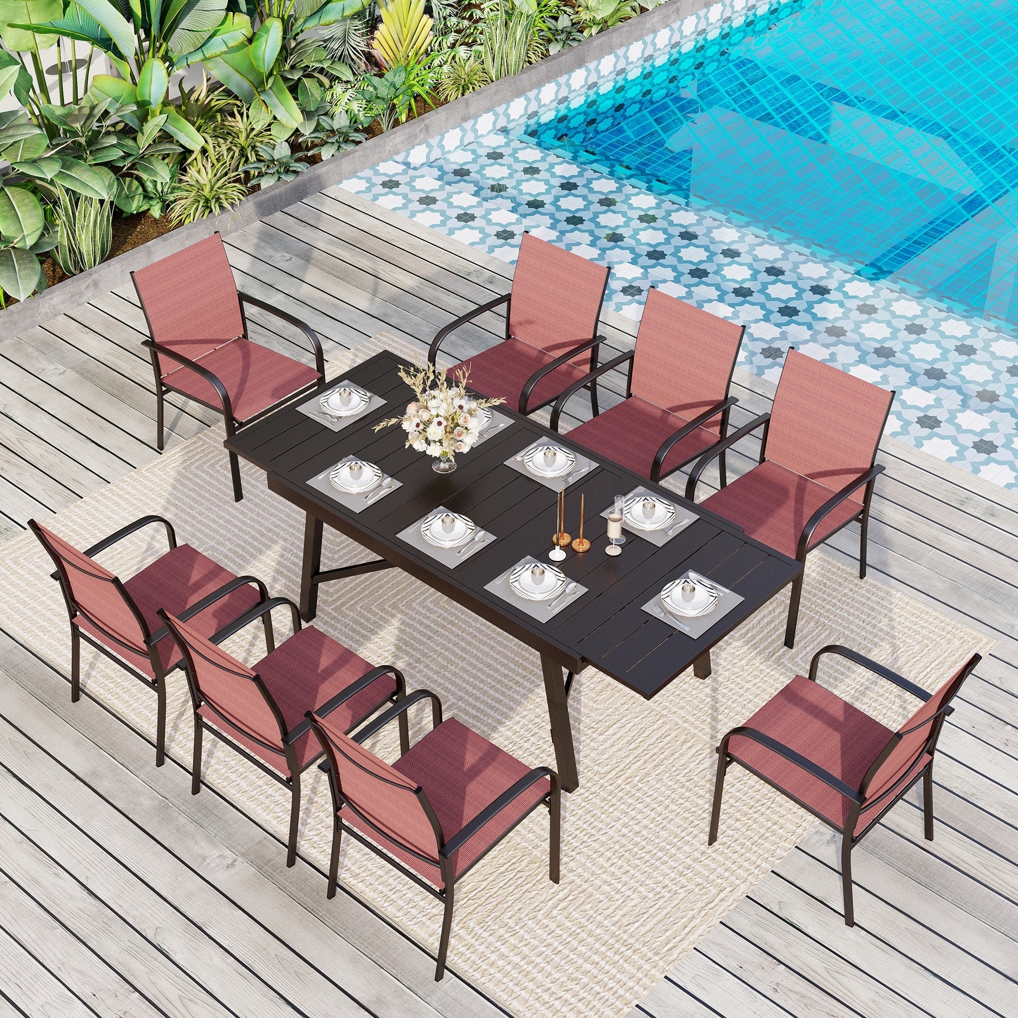 MAISON ARTS Outdoor Dining Set 7/9-Piece with Expandable Rectangular Metal Table and 6/8 Textilene Dining Chairs