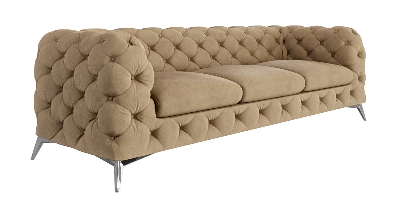 Ropez Chelsea sofa 3 osobowa pikowana kremowa nogi srebrne