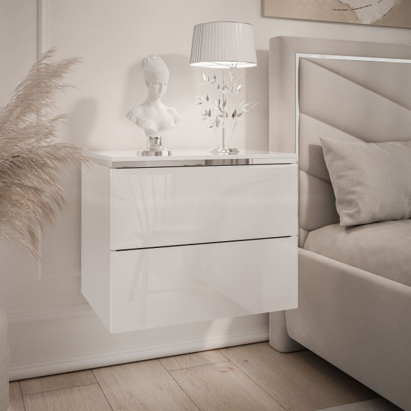 Stolik nocny AURORA II SILVER biały połysk z oświetleniem LED, wisząca