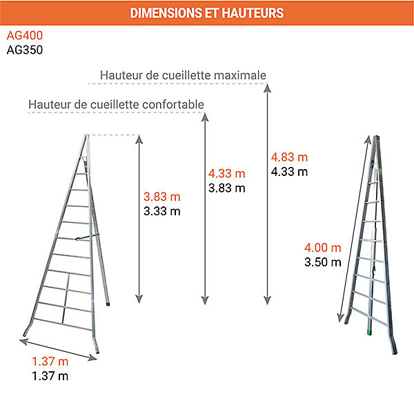 Echelle fruitière 10 barreaux - Hauteur cueillette max. 4.33m - AG350