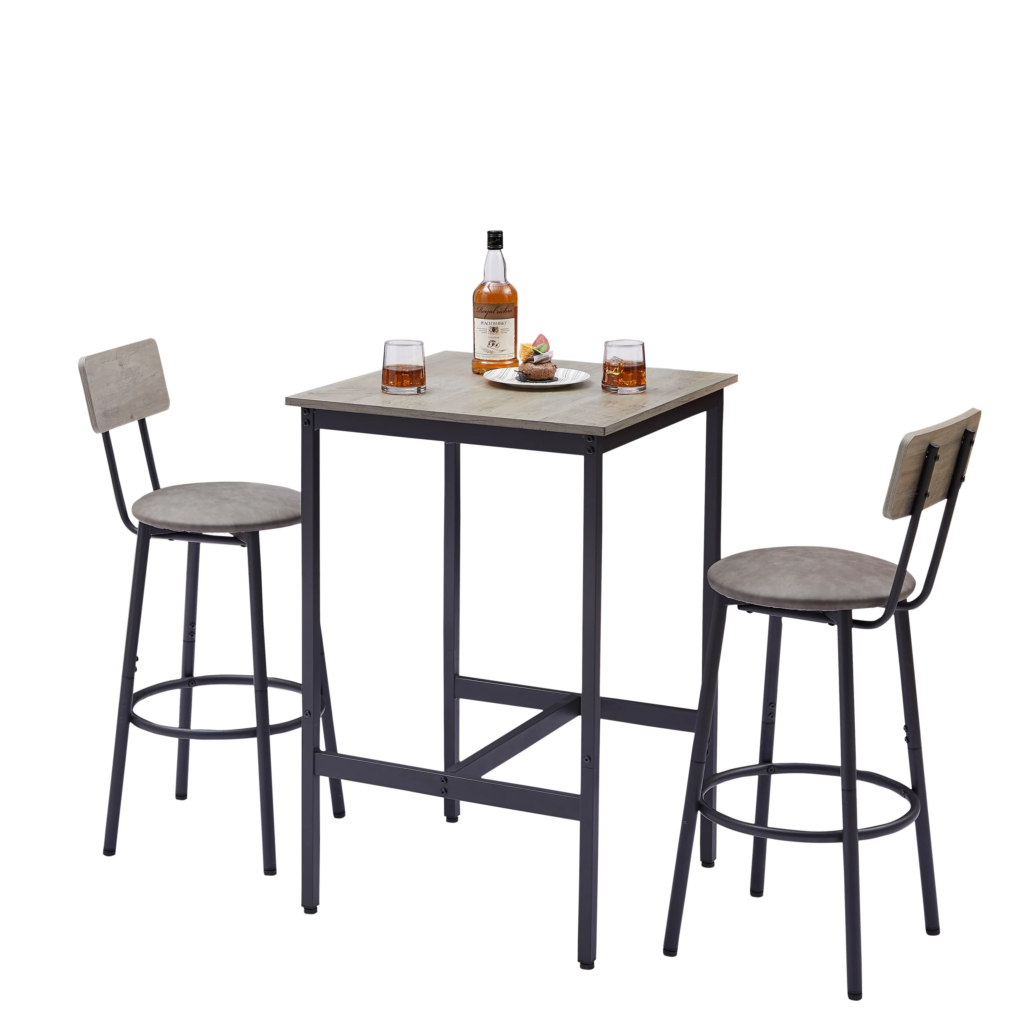 3 Pieces Bar Table Set, PU Upholster Stools, Height Table & Chairs - 1 Bar Table with 2 Bar Stools