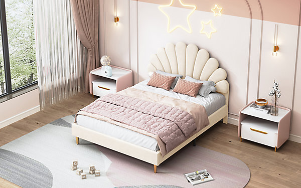 Lit double capitonné 140 x 200 cm avec sommier à lattes, velours, Beige