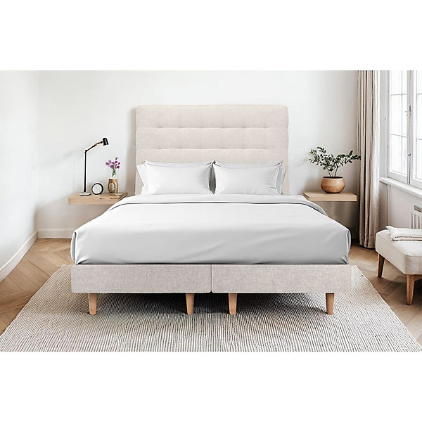 Lit avec tête de lit capitonnée tissu et sommier tapissier- Lit en bois massif
