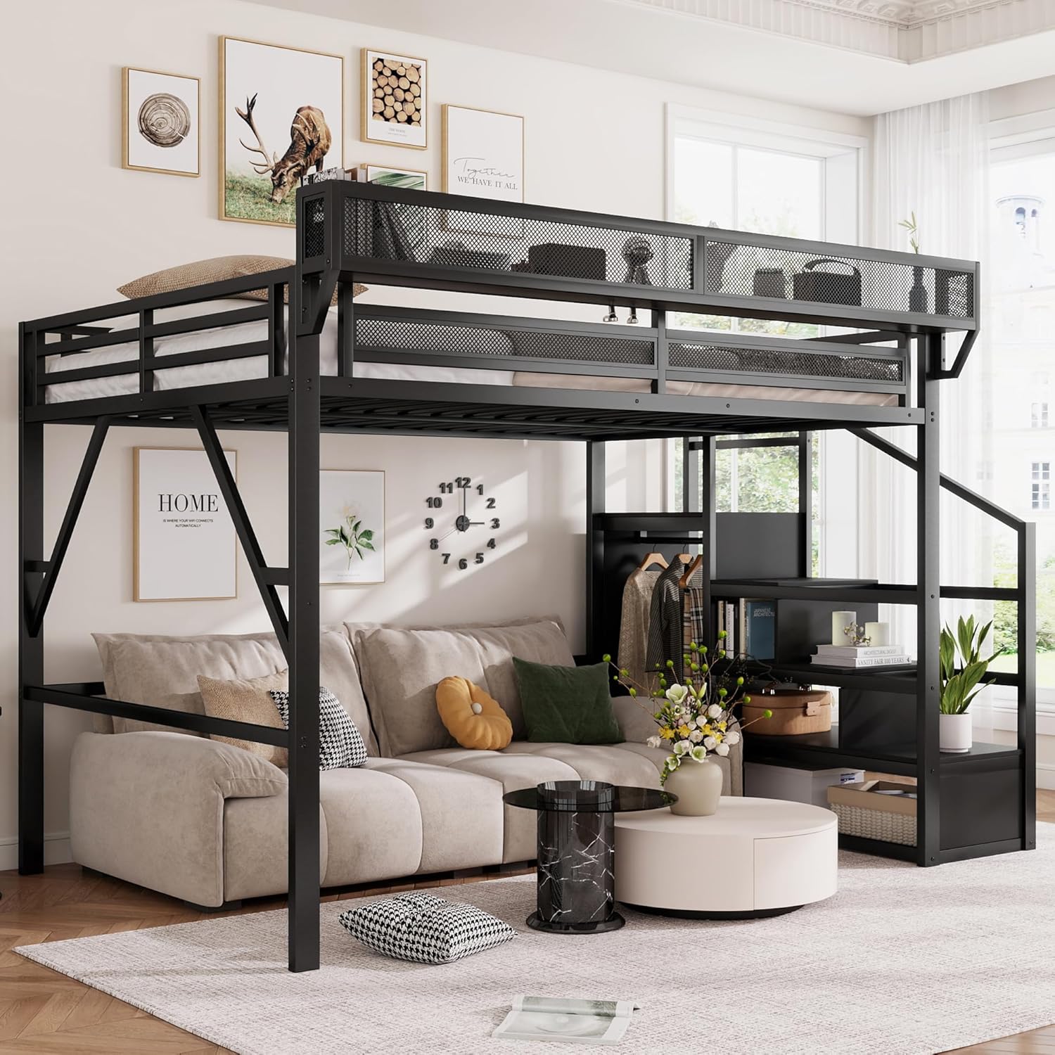 Queen Size Loft Bed with Stairs and Storage, Metal Loft Bed Frame with Bedside Shelf and Large Under-Bed Space, Heavy-Duty Loft Beds for Adults Teens and Kids, Convertible Staircase, Black