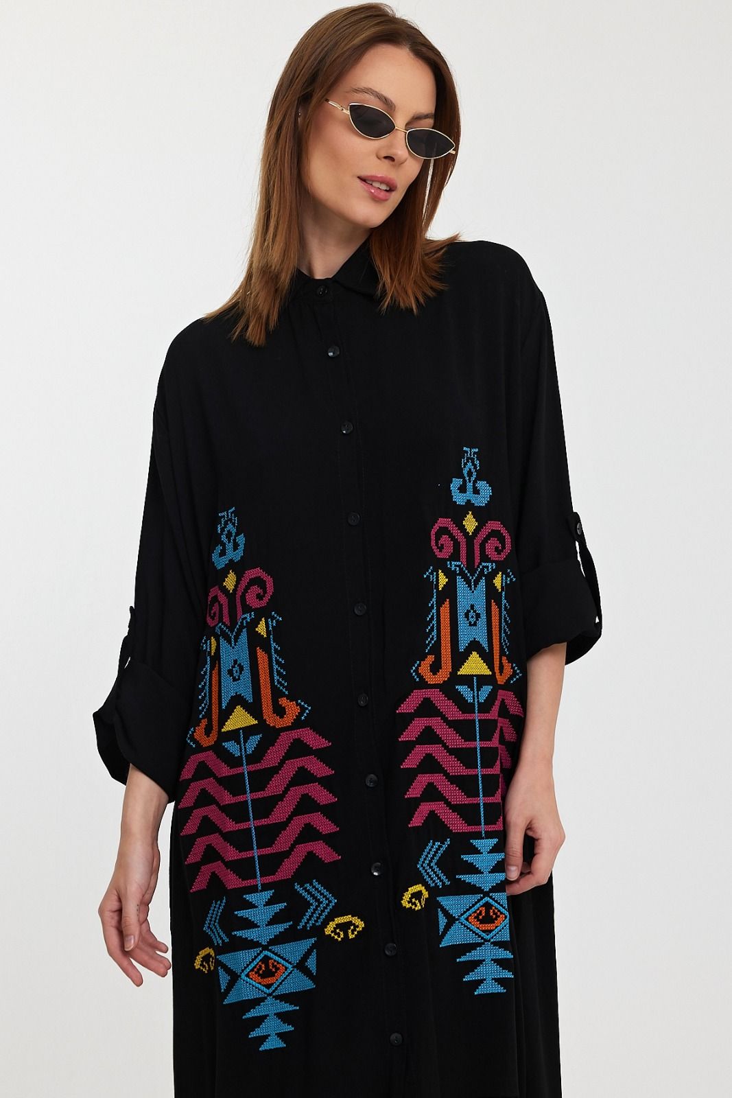 Belissh Embroidered Tiered Midi Dress with Button-Through Front in Black