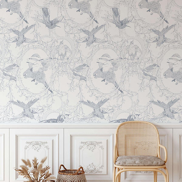 Papier peint art déco avec oiseaux seigneurial - 510x260 cm (l x h)