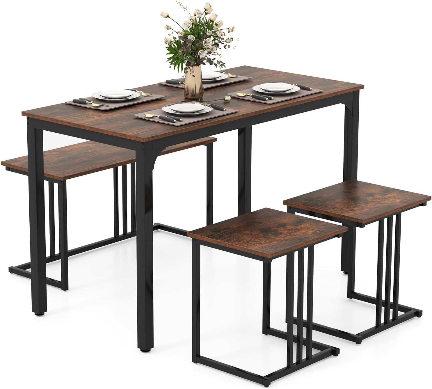 Giantex 4-Piece Dining Table Set for 4, Modern Kitchen Table and Chairs, Nesting Furniture Set with Bench & 2 Stools, Space-Saving Desk Set, Dinette Set for Small Place, Dining Room Restaurant (Brown)