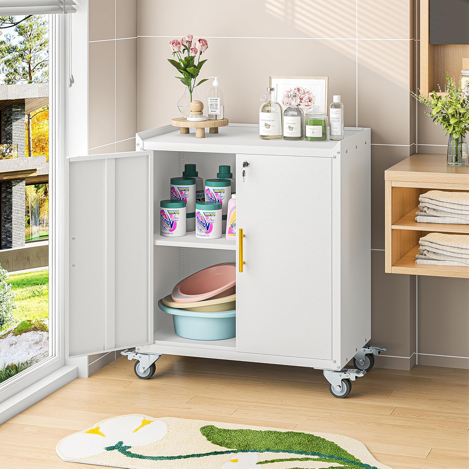 Metal Storage Cabinet with Wheels,Rolling Tool Cabinets with Doors and Adjustable Shelves,Lockable Garage Storage Cabinet,Heavy Duty Tool Chest for Home Office Utility Room,Assembly Required,White