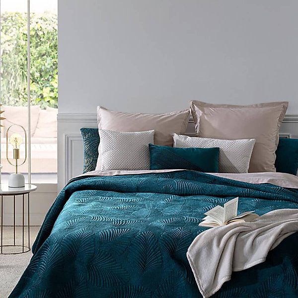 Dessus de lit Feuille - velours - bleu canard 240x260 cm - Atmosphera