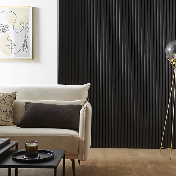 Mur TV - Lot de 5 Panneaux tasseaux bois 250 x 30 x 1,9 cm - Lamelles placage noir fond noir - 3,75m²