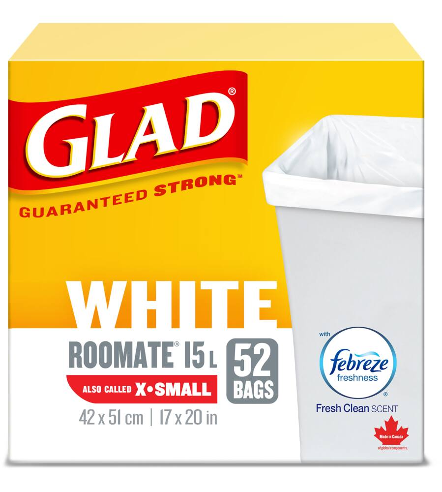 Glad Extra-Small Easy-Tie Flap Febreze Fresh Clean Scent Garbage Bags, 52-pk, White, 15-L