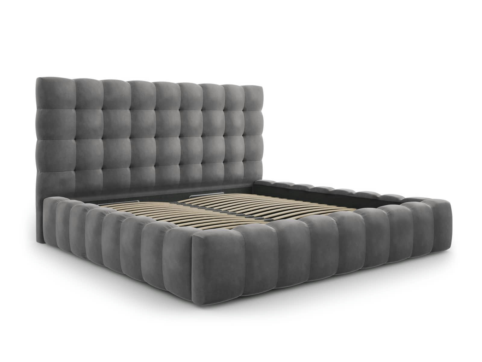 MAMAIA - Lit coffre en avec tête de lit 200x200cm en tissu velours gris