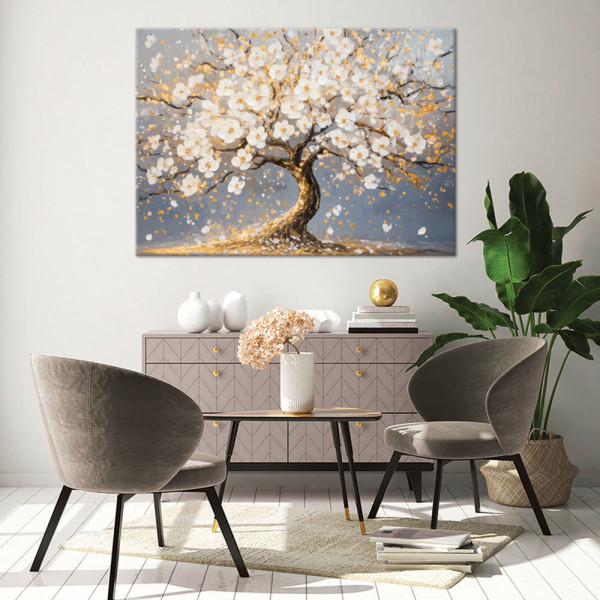 Feeby Obraz na płótnie, Złote Drzewo z Białymi Kwiatami 60x40