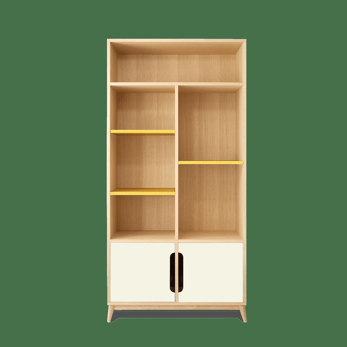 BOOK - Bibliotheque peu profonde bicolore blanc sable et jaune, 2 portes.