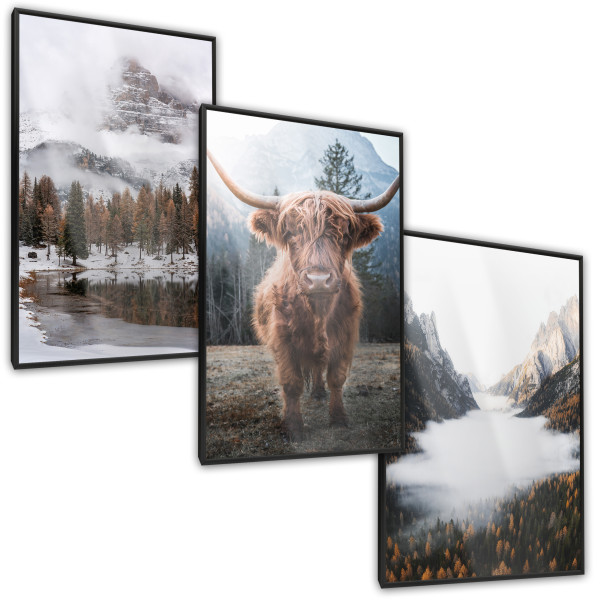 ZESTAW 3x Plakat W Ramie Góry LAS We Mgle Krowa 30x40cm