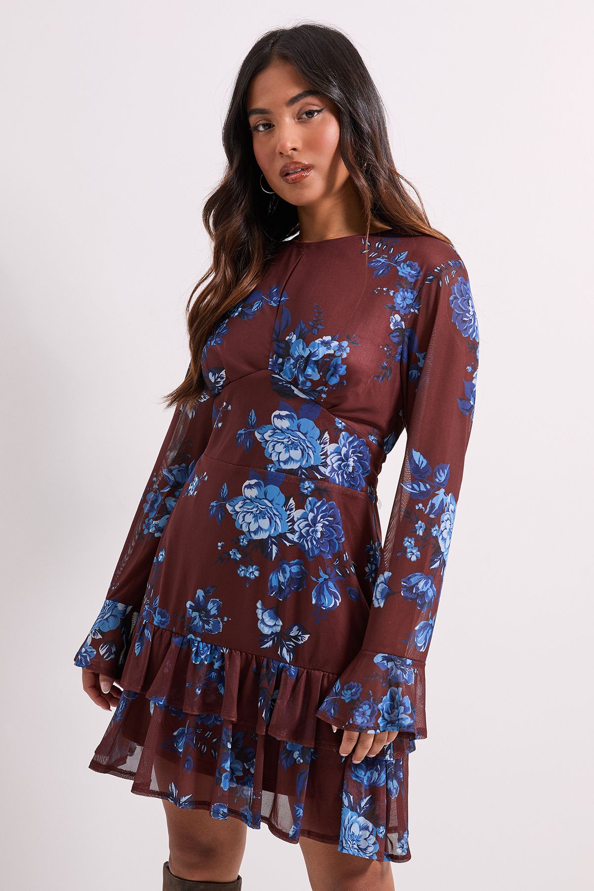 Dorothy Perkins Petite Tiered Skirt Printed Mesh Mini Dress