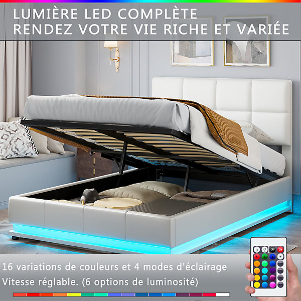 Lit coffre 140x190 cm, Lit doub LED capitonné relevable hydraulique avec sommier à lattes, Blanc