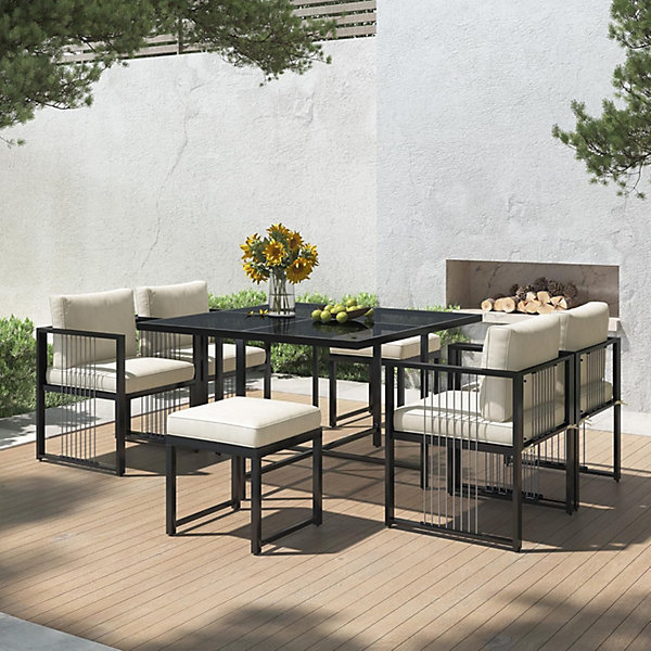 Ensemble de jardin 7 pièces pour 6 personnes, table en verre trempé, chaises en bois d'acacia