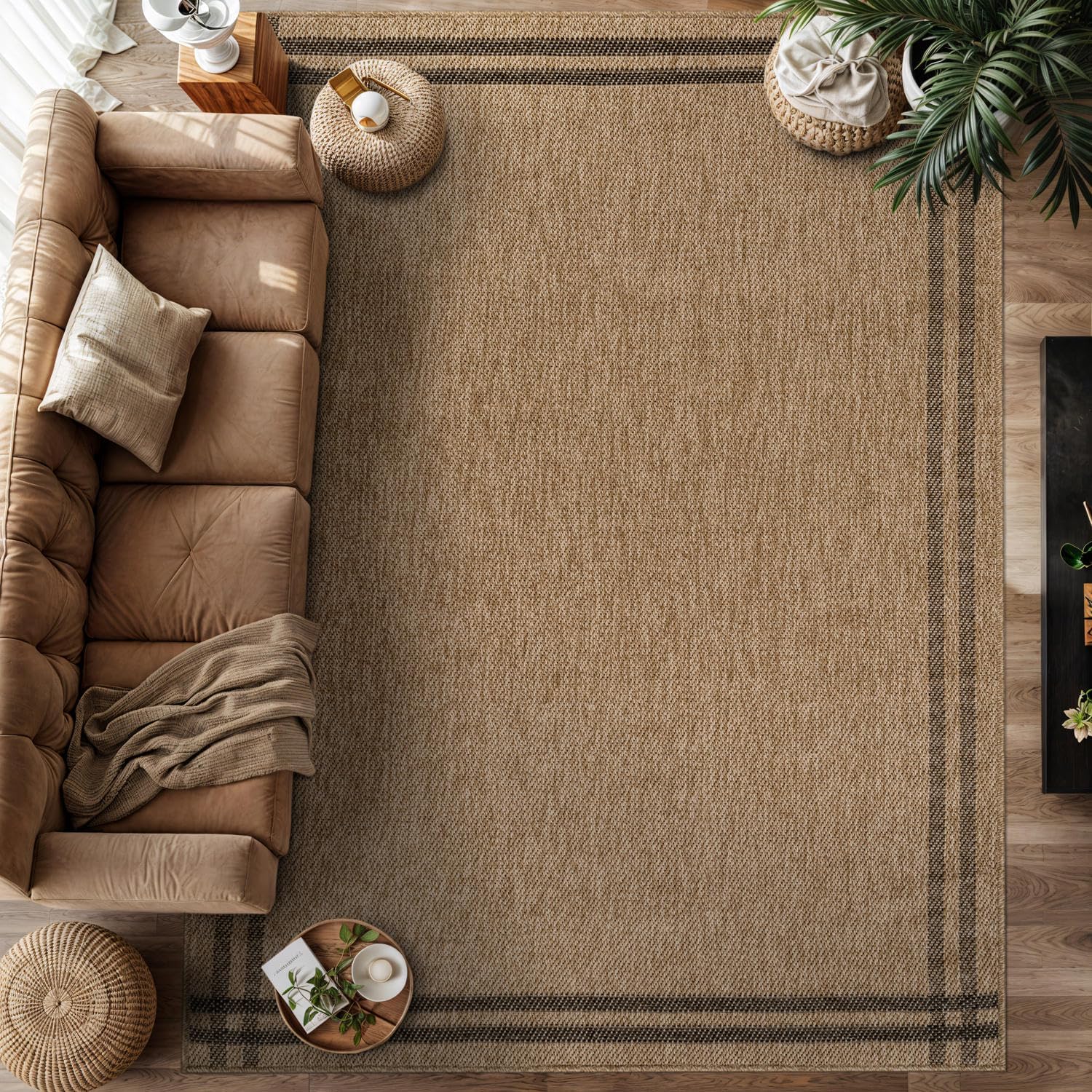 Easy Jute Rugs 9x12 Bordered Natural Color Living Room Indoor Outdoor Area Rug for Patio and Kitchen Rug High Traffic Washable Easy to Clean Solid Boho Woven Design Outside Carpet (9 x 12)
