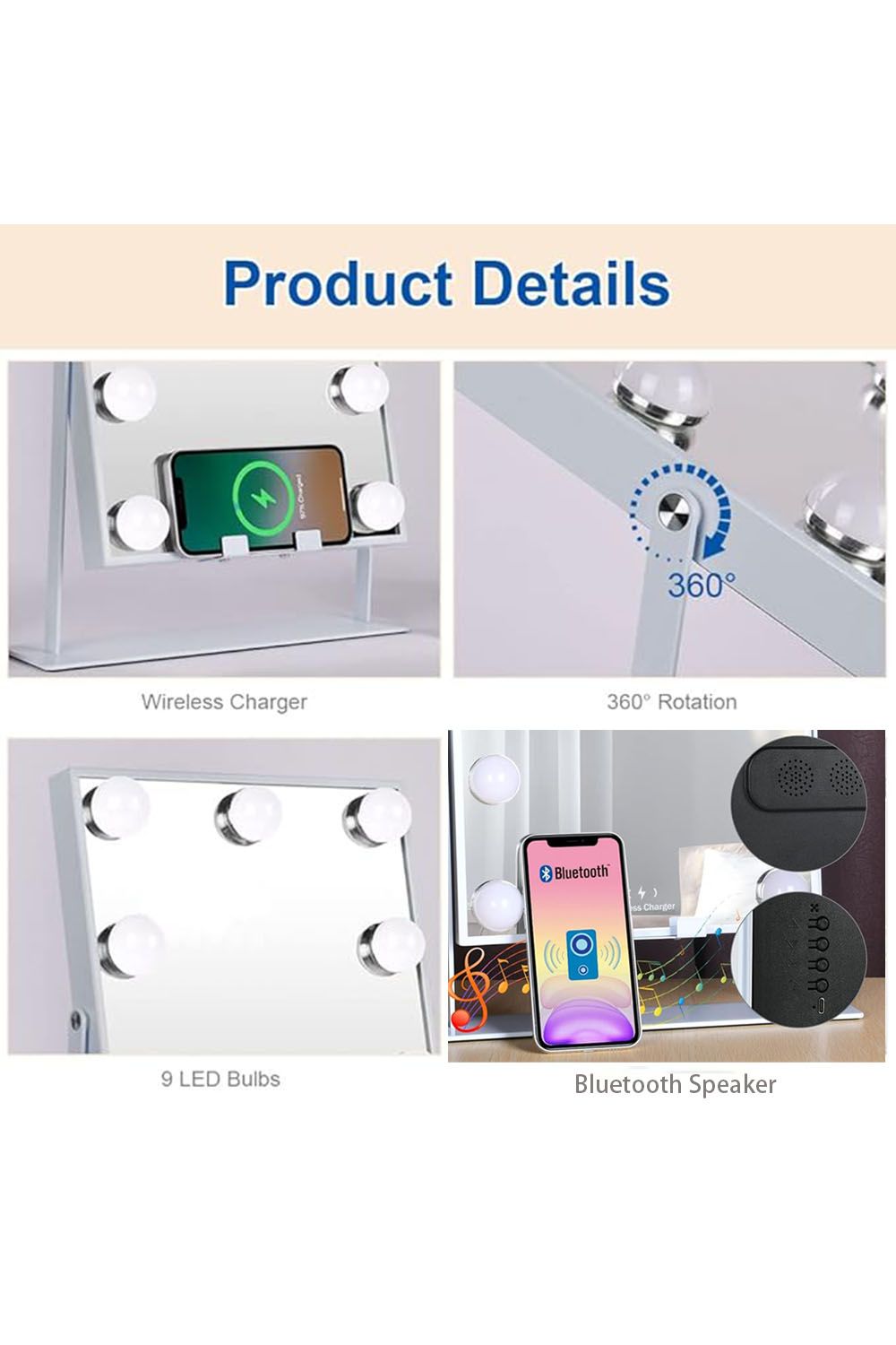 SHEONLY 9 LED Hollywood Style Vanity Mirror,3 Lighting Modes,Touch Screen Control with a USB Wire