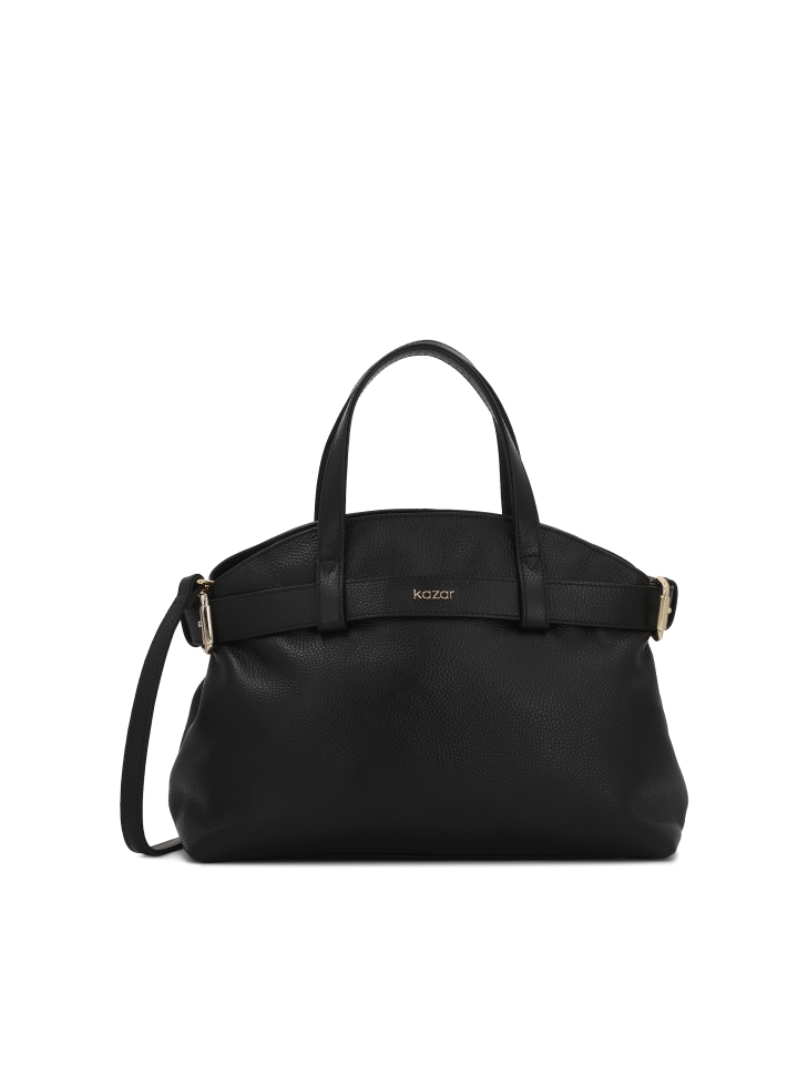 Black leather handbag with decorative strap and functional interior