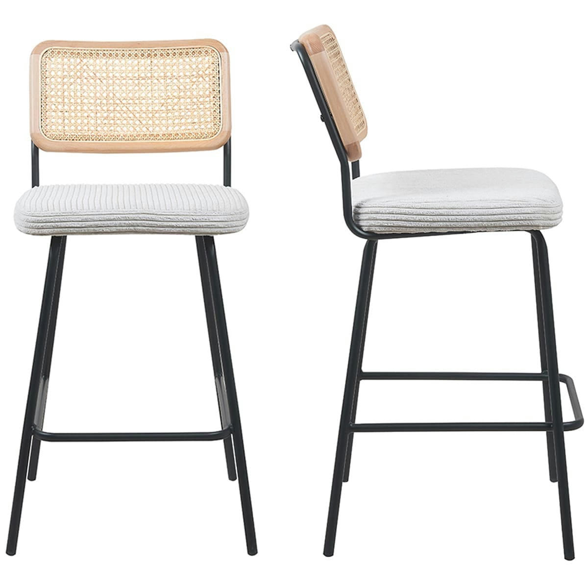 MUSE - Lot de 2 tabourets de bar en velours côtelé beige et cannage naturel