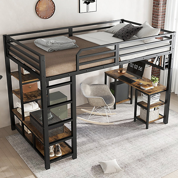 Lit mezzanine 120x200 cm avec bureau et étagère - avec échelle de sécurité à 4 marches - Métal - Noir(sans matelas)