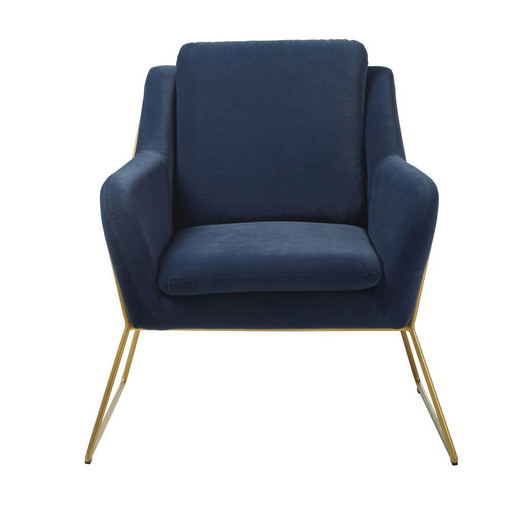Jasper - Fauteuil en velours bleu nuit et coloris laiton