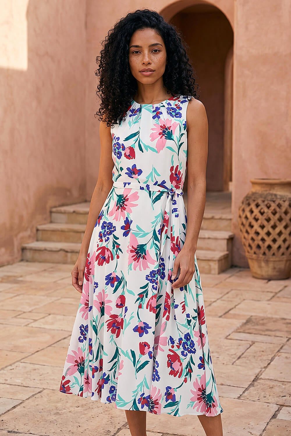 Roman Pleat Neck Floral Midi Dress