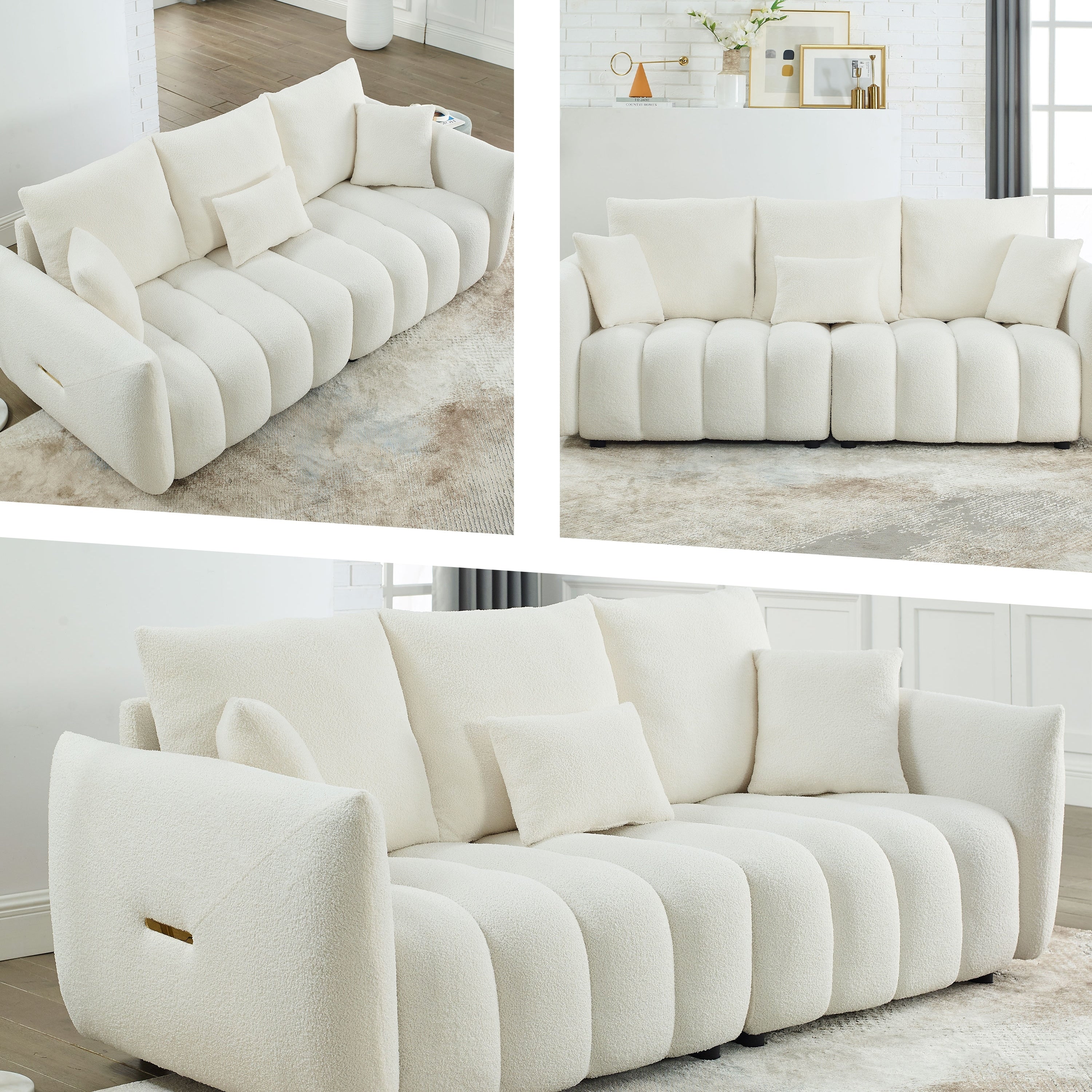 Beige 82'' Fabric 3-Seater Sofa with Plush Back Pillows, Solid Wood Frame, and Comfortable Foam Cushions