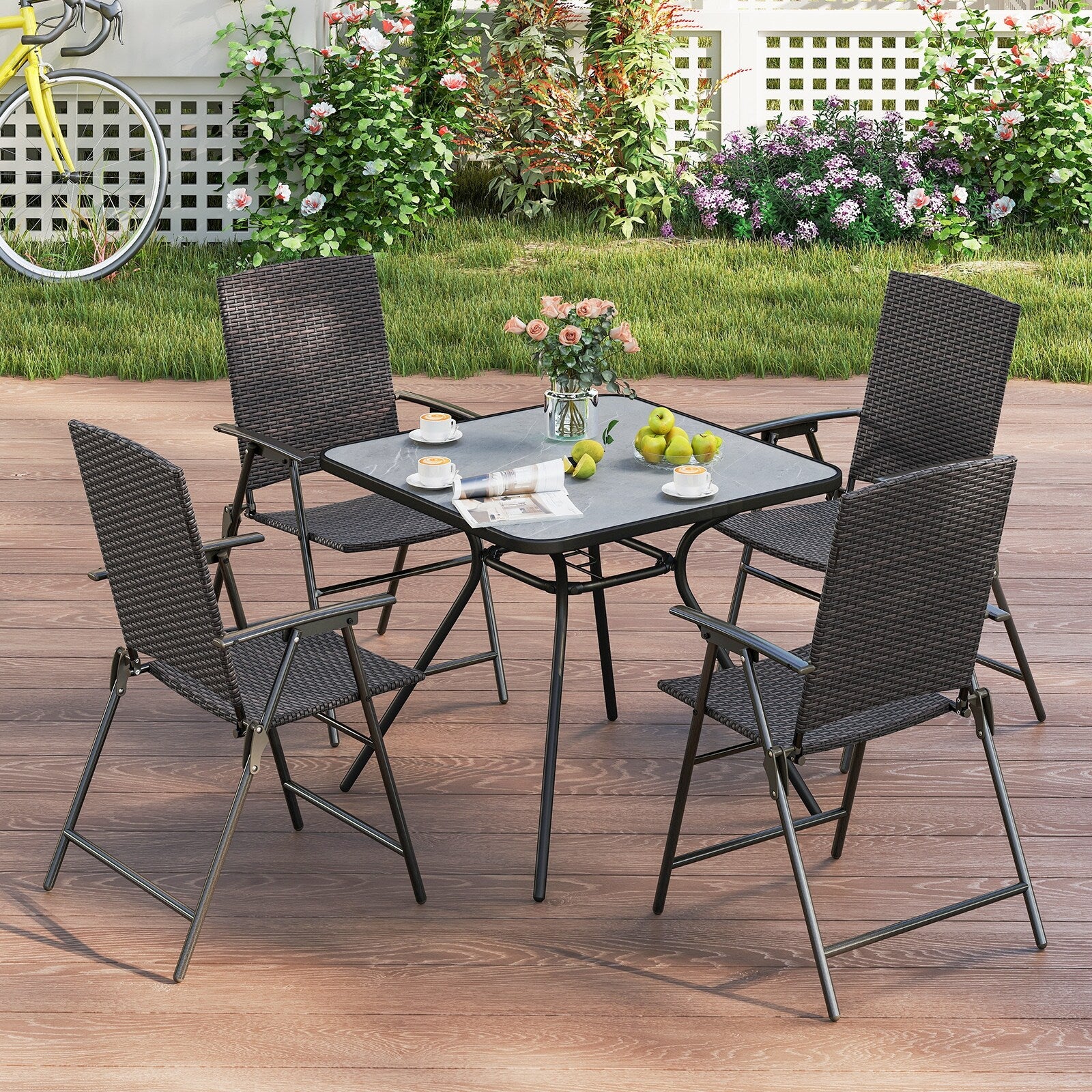 Patio PE Wicker Dining Chairs with Armrests and Metal Frame-Set of 2