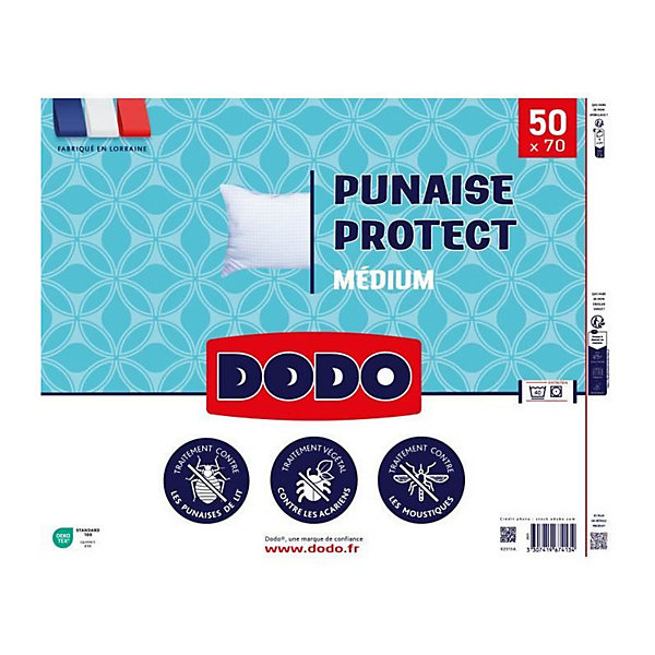 Oreiller médium DODO 50x70 cm - Protection anti punaise, anti acarien - 550 gr - Blanc - Fabriqué en France