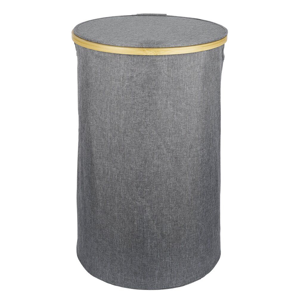 Coffre à linge rond 75L bambou et polyester gris