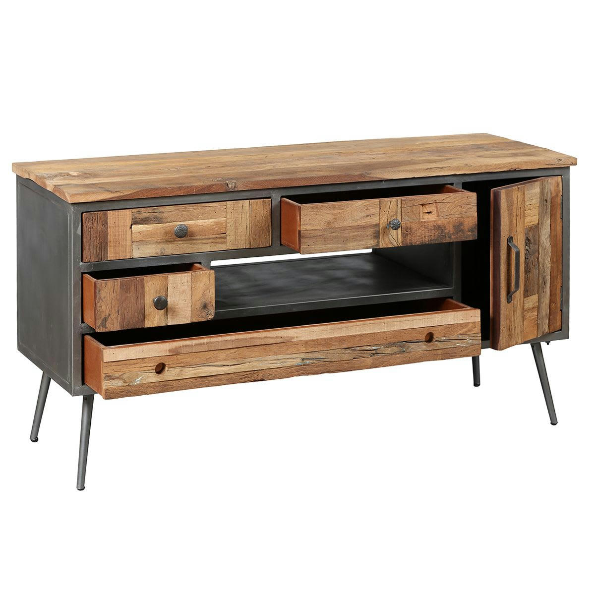 LEONARD - Meuble  tv 1p 4t acier et bois massif