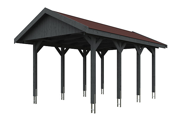 Carport SKAN HOLZ Wallgau 380 x 600 cm, traitement coloré gris ardoise, avec bardeaux rouge