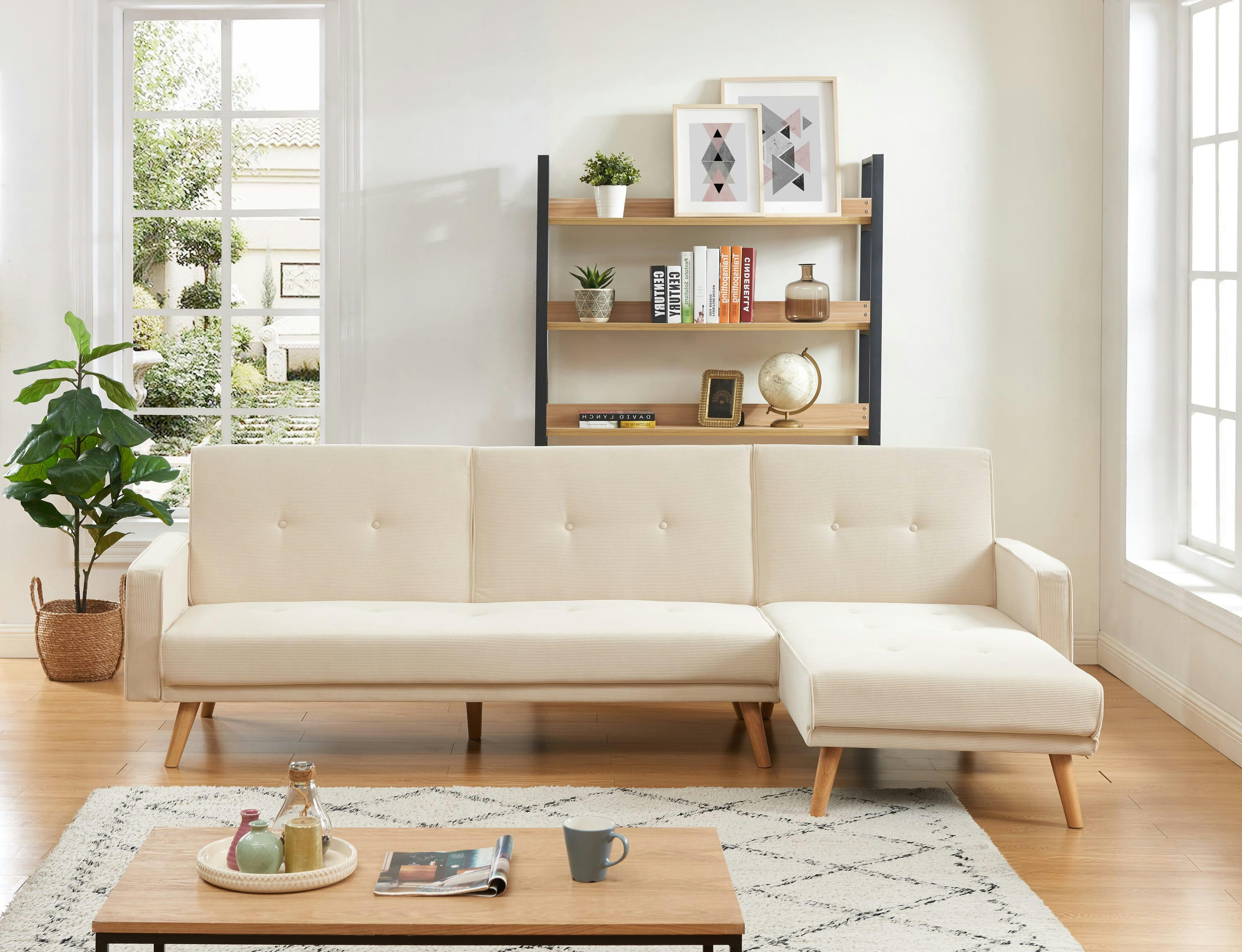 LUXI - Canapé d'angle convertible en velours côtelé 4 places beige