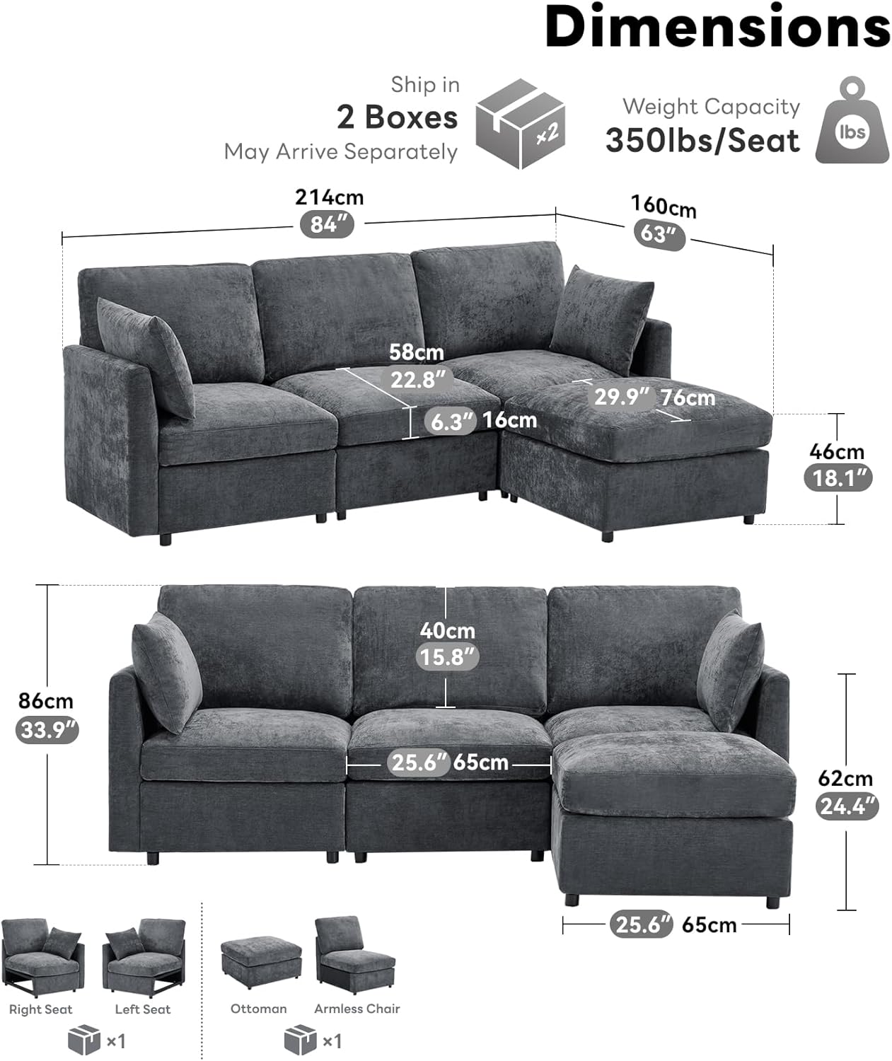 Iroomy Sectional Couch for Living Room, Comfy L Shaped Convertible Sofa, 4 Seater Modern Chenille Sofa with Ottoman, Grey | Movable, Balanced Comfort, Soft-Strong Chenille, Apartment-Friendly