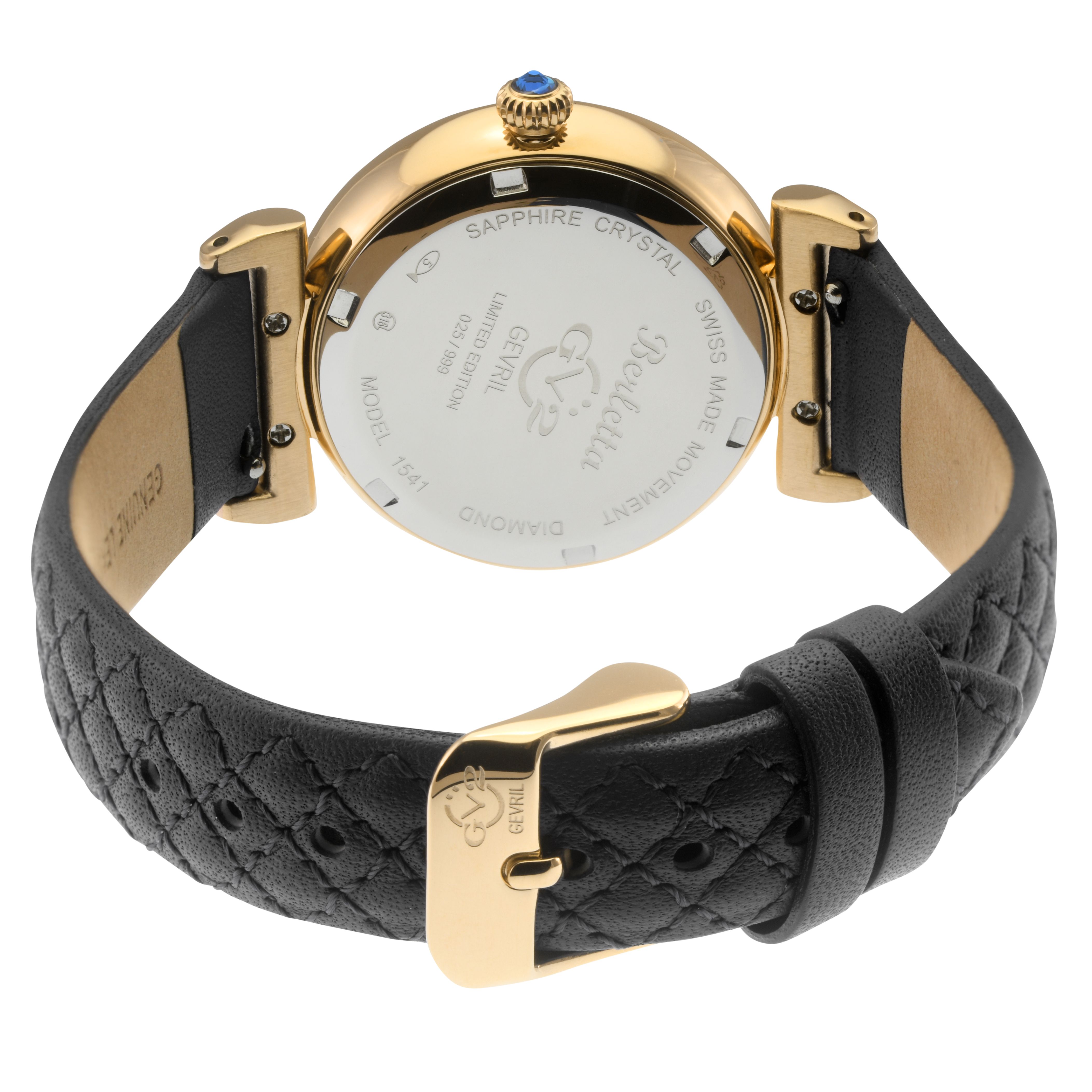 GV2 GV2 Berletta Women's 316L Stainless Steel IPYG Case, White Dial, Black Handmade Quilted Leather Strap.