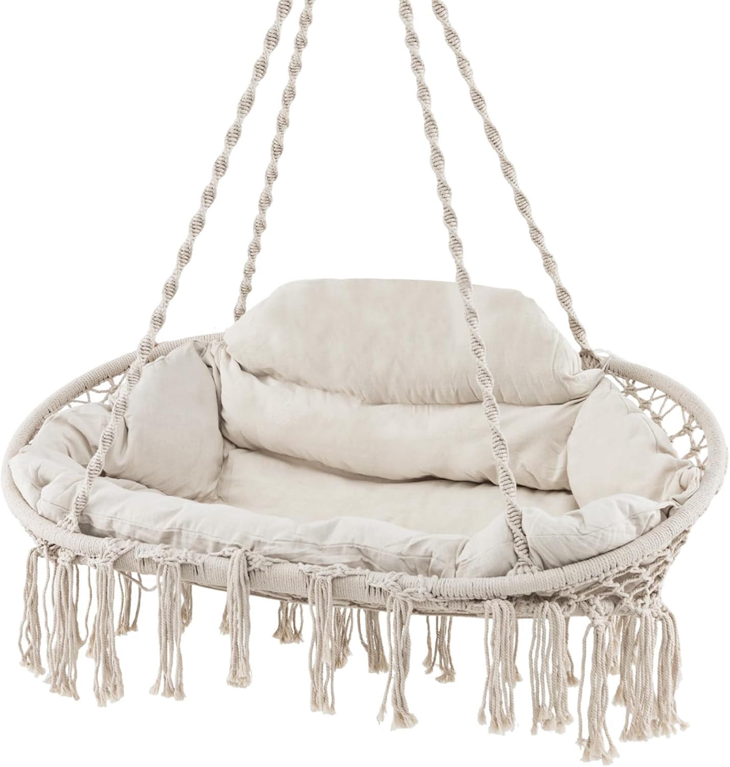 Tangkula 2-Person Hanging Hammock Chair, Boho Style Macrame Hammock Swing with Soft Cushions, Tassels, Indoor Outdoor Cotton Rope Hanging Swing Chair for Bedroom, Porch, Balcony