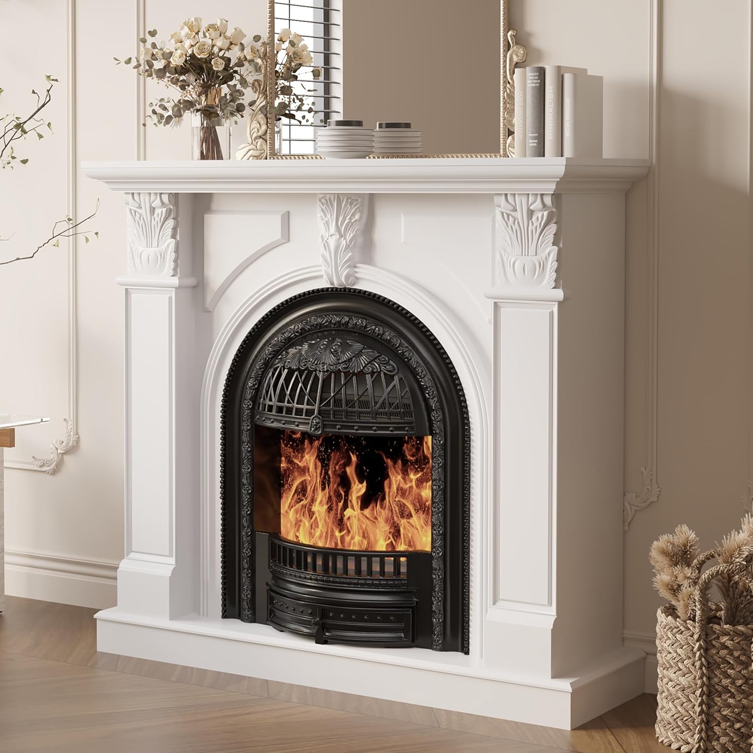 BLANKSPACE 48 Electric Fireplace with Mantel, Tv Stand with Black Birdcage Fire Place Heater and Carved Square Column Design Design for Living Room, Bedroom