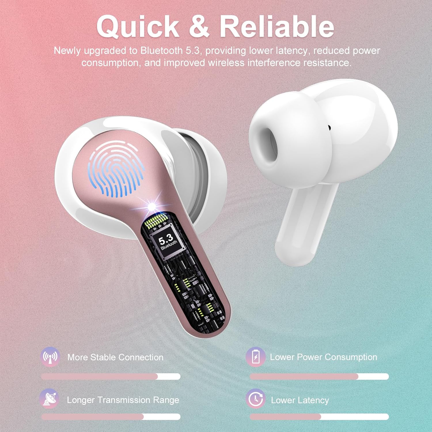 Wireless Earbuds, Bluetooth 5.4 Headphones HiFi Stereo, Bluetooth Earbuds with ENC Noise Cancelling Mic, IP7 Waterproof in Ear Earphones, 48H, LED Display Ear buds for Pad Phones Workout, Rose Gold