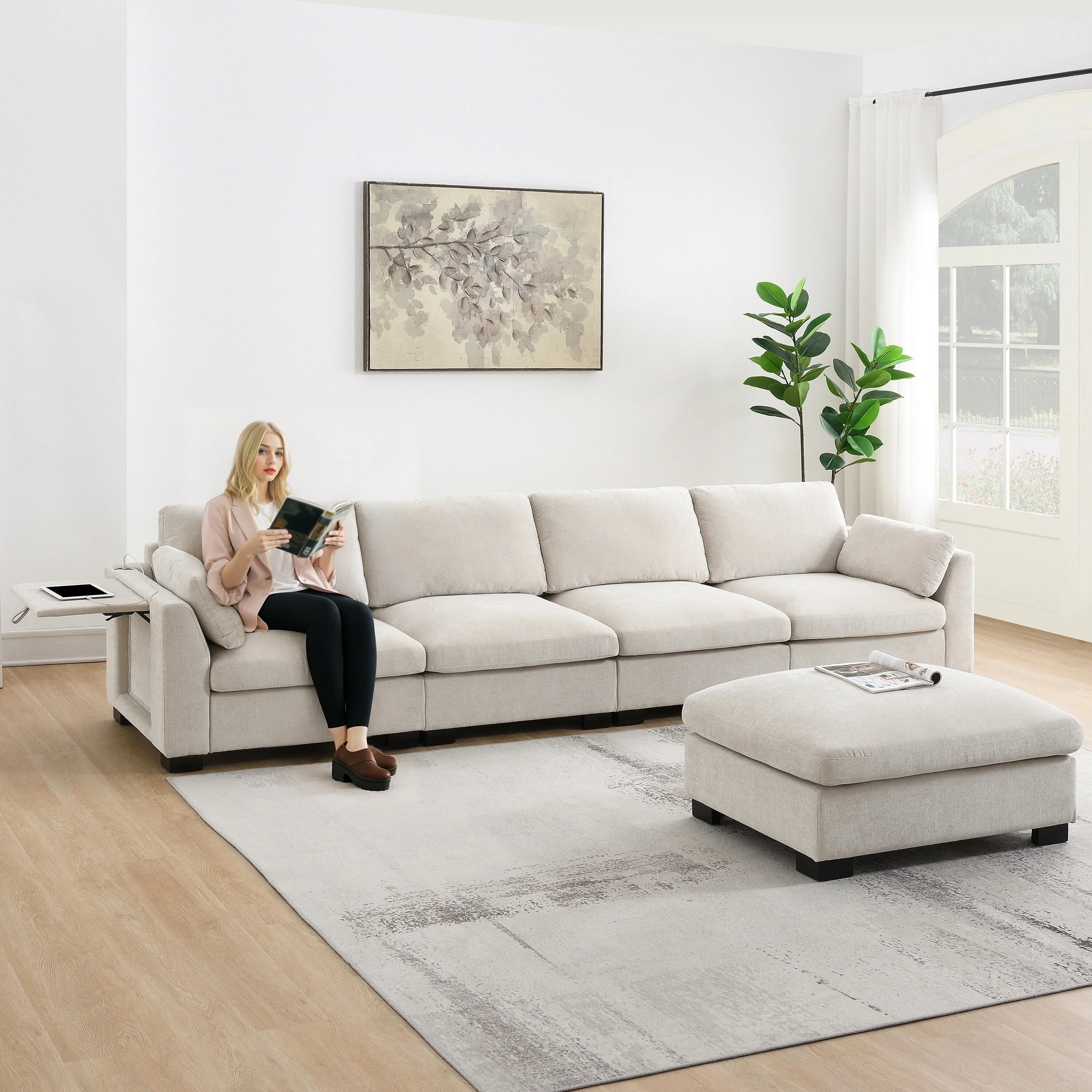 Modular L-Shape Sectional Sofa Set with Folding Table, Dual-Port Charging, Side Pockets, 2 Armrest Pillows and Ottoman