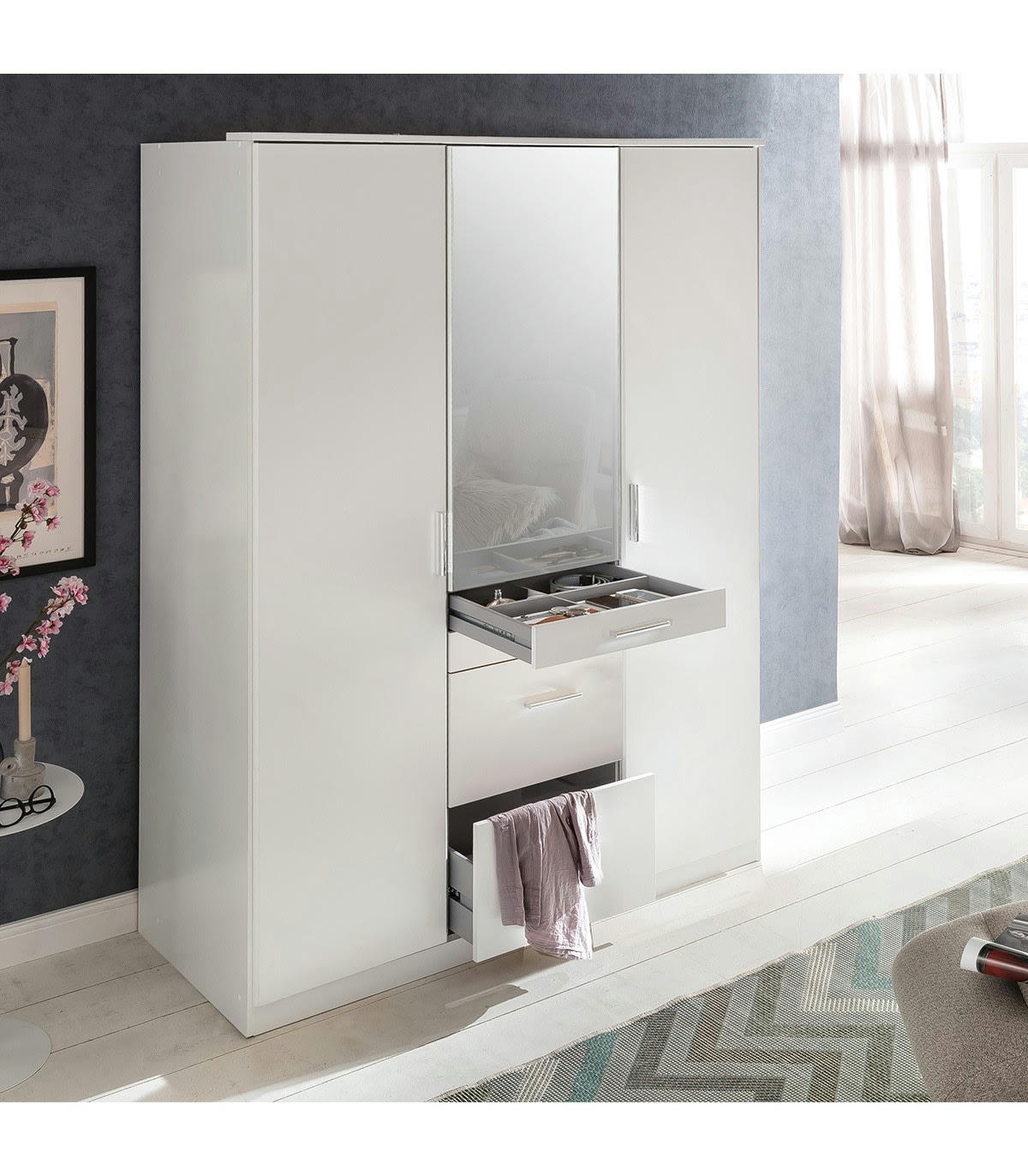 - Armoire 3 portes dont 1 miroir, 4 tiroirs - L135 cm