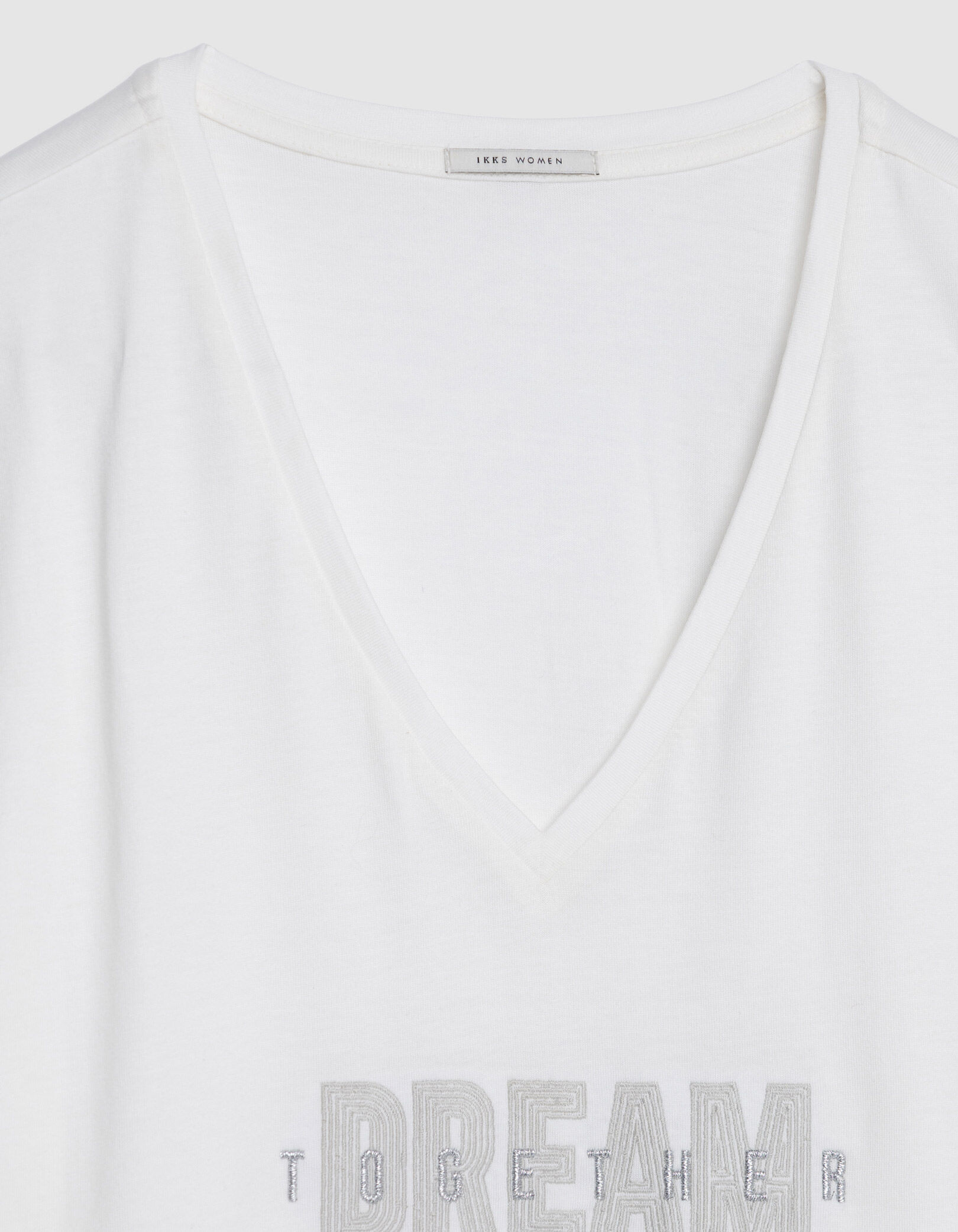 Tee-shirt encolure V blanc message brodé Femme