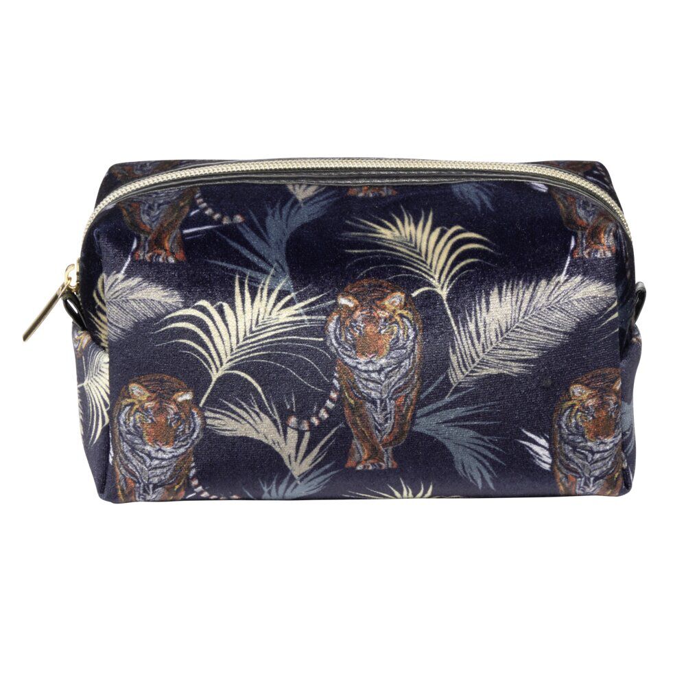 Trousse de toilette bleu marine motif exotique feuillages et tigres 12x10xH9cm