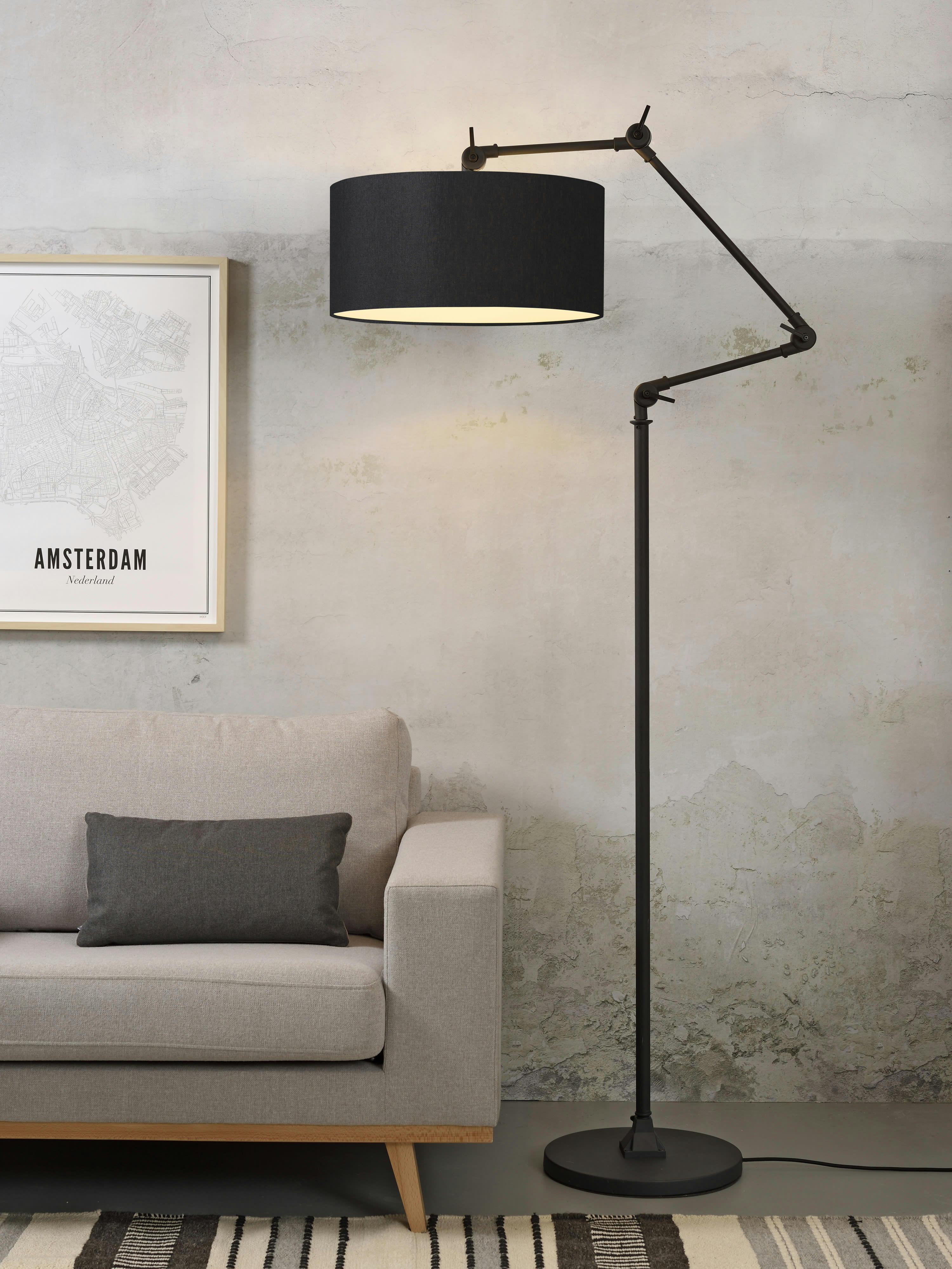 AMSTERDAM - Lampadaire en fer abat-jour en coton noir, h. 190cm