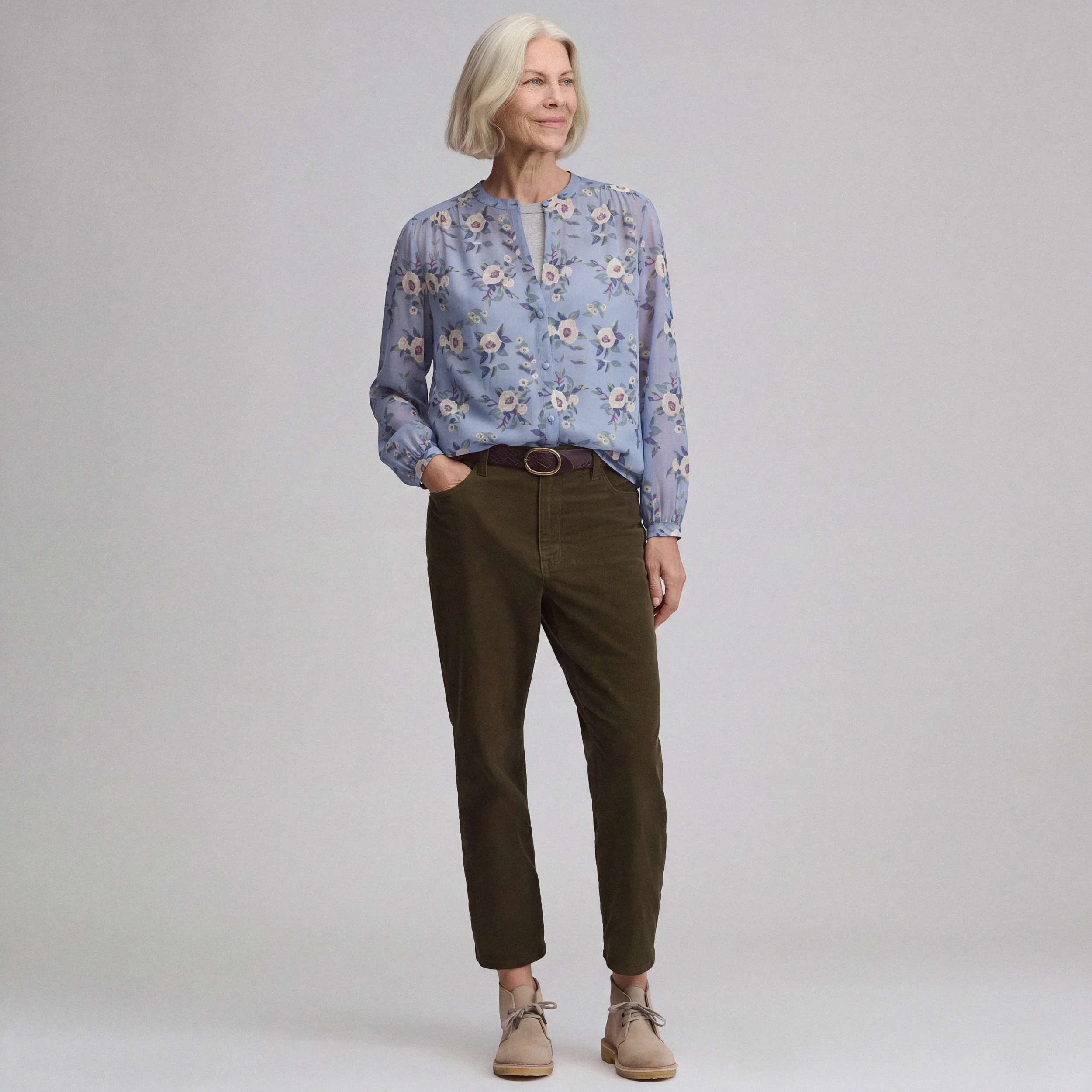 Women's Long-Sleeve Collarless Button-Down Shirt