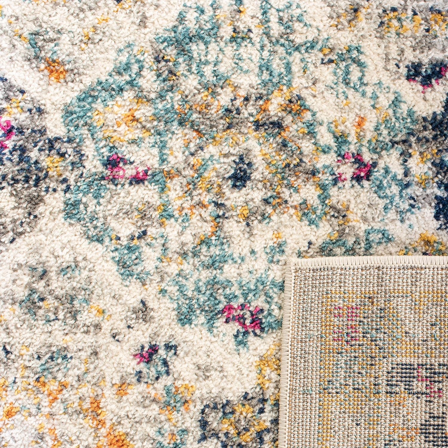 SAFAVIEH Madison Collection Area Rug - 12' Square, Cream & Multi, Boho Chic Distressed Design, Non-Shedding & Easy Care, Ideal for High Traffic Areas in Living Room, Bedroom (MAD611B)