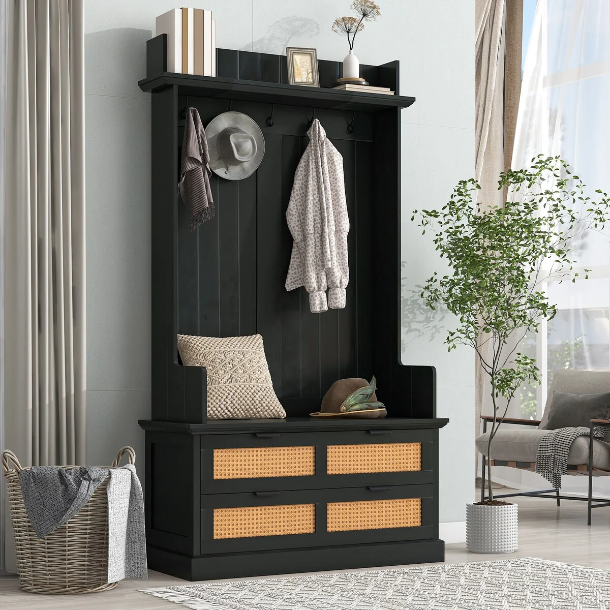 Hall Tree with 5 Hooks and 2 Large Drawers 38.2W x 15.7D x 75.2H