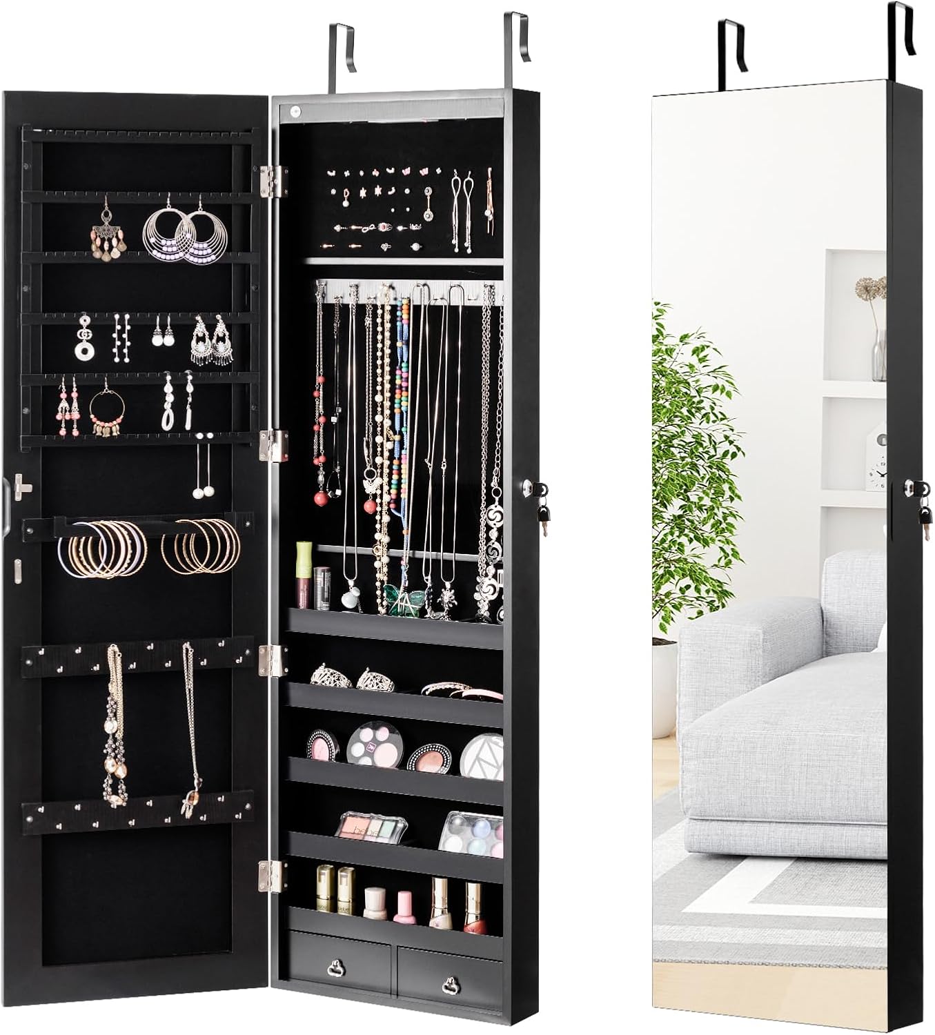 LOKO Mirrored Jewelry Armoire, Wall/Door Mounted Jewelry Cabinet with Full-Length Mirror, Lockable Jewelry Storage Organizer with 2 Drawers & 2 LED Lights, for Girls Women Gift Bedroom (Black)